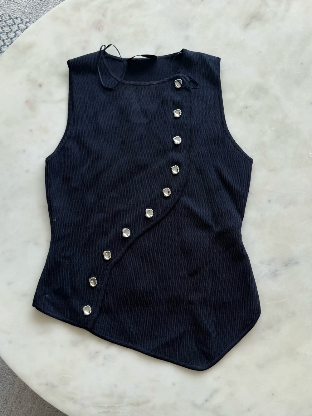 Zara Navy Top with Asymmetrical Crystal Buttons